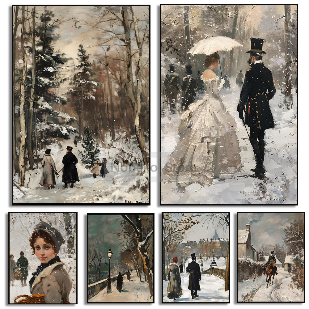 

Antique Winter Portrait Painting Poster Rustic Holiday Winter Landscape Prints Canvas Painting Wall Art Pictures Home Room Decor