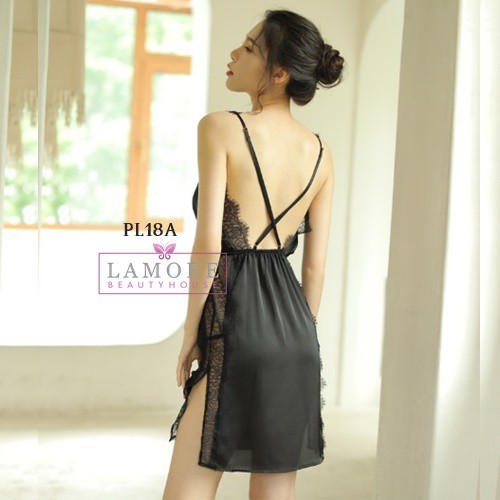 Lamore Premium Sleepdress Baju Tidur Wanita Lingerie Hitam Satin Lace PL18A