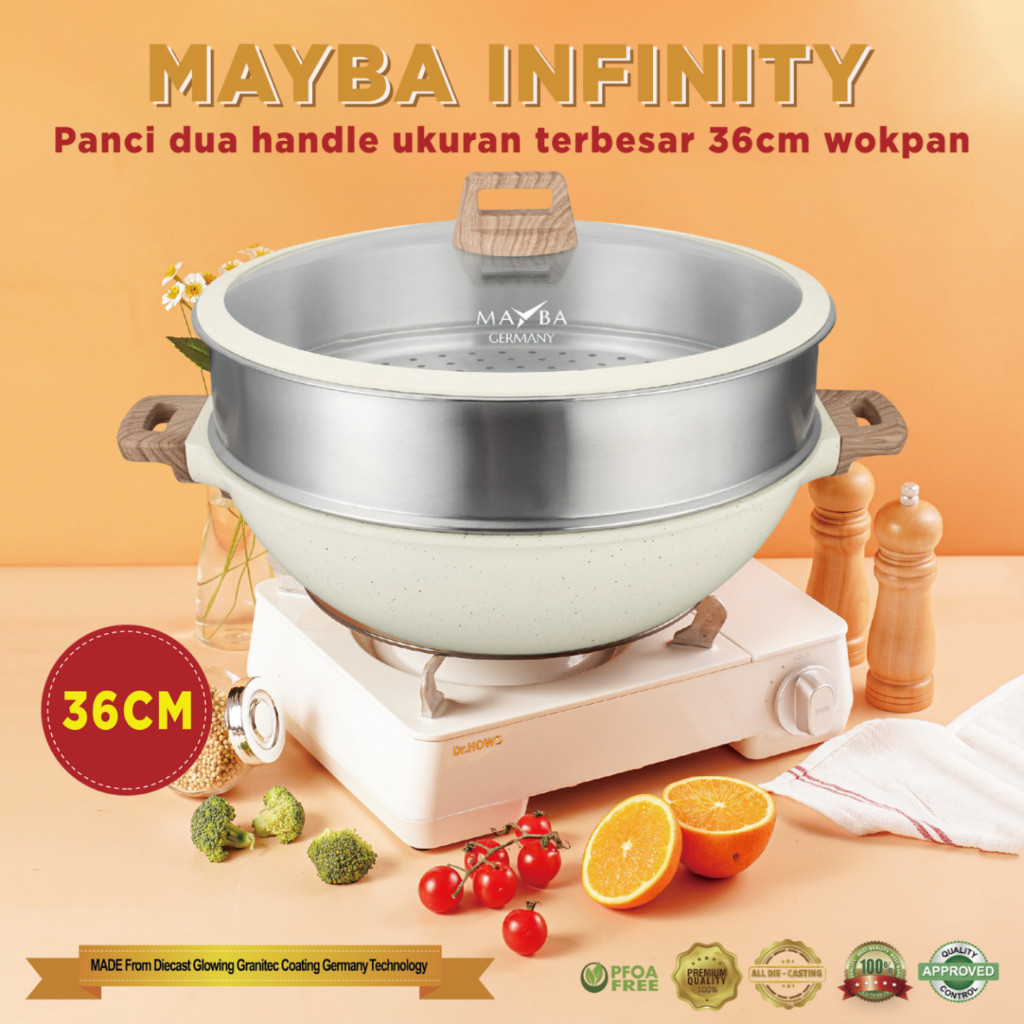 KUALI WOK PAN TERBESAR Mayba 36cm wajan penggorengan wokpan steamer panci marbel granit antilengket
