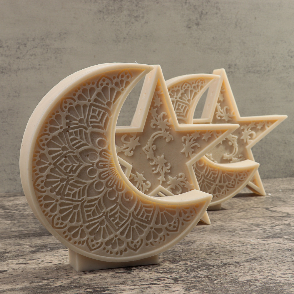 

Eid Mubarak Stars and Moon Candle Silicone Mold Pentagonal Star Moon Pattern Gypsum Concrete Resin Moulds Muslim Holiday Decor