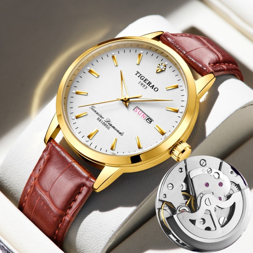 Jam Tangan Mekanis Otomatis Penuh Pria Tahan Air Bercahaya dengan Tali Kulit Asli Ultra-tipis Jam Ta