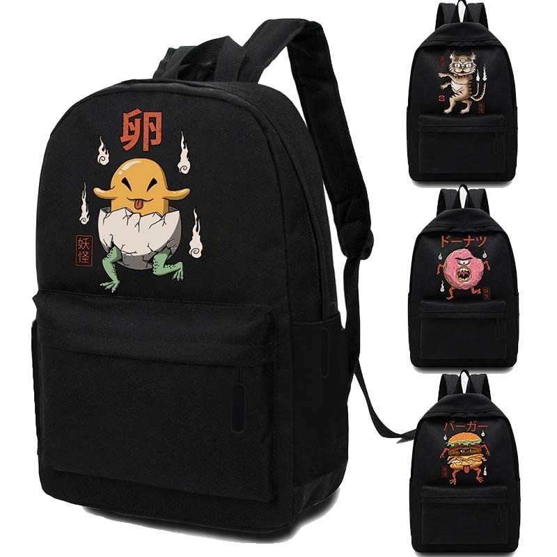 Tas ransel hitam Canvas Backpack School Bag for Teenager Shoulder Bag Cute Monster Travel Bag School
