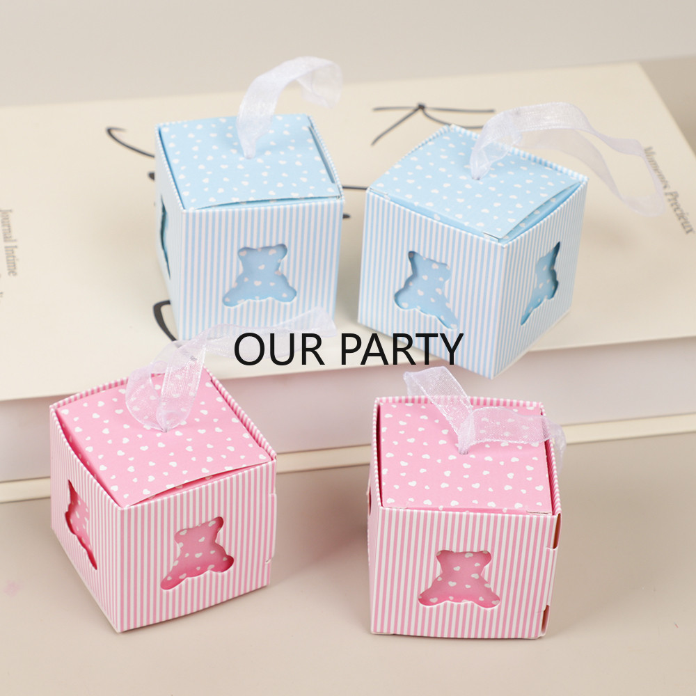 

50Pcs Cute Hollow Out Bear Candy Box with Ribbons Gender Reveal Gift Packing Boxes for Kids Birthday Baby Shower Party Decor