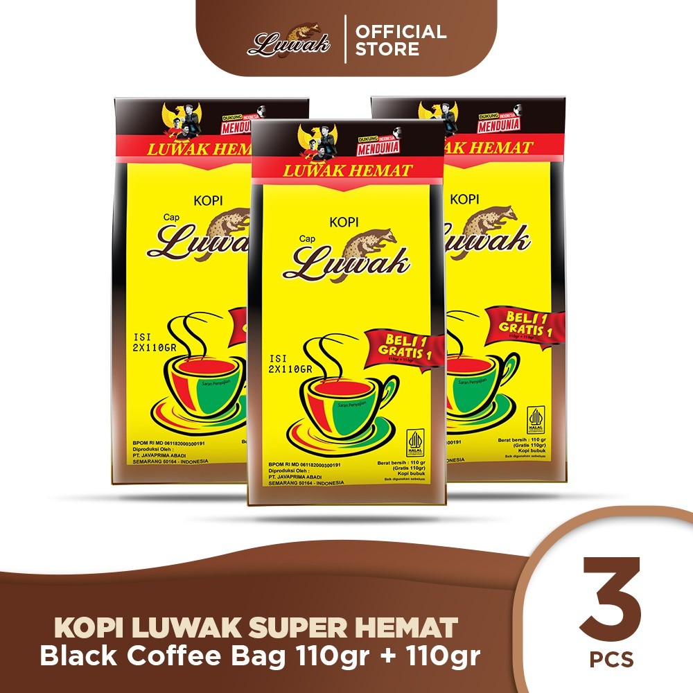 

Kopi Luwak Super Hemat Black Coffee Bag 110gr + 110gr Triple Pack