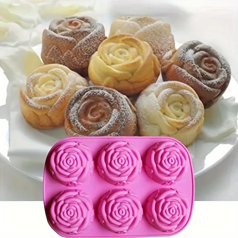 

6-Cavity Rose Shape Silicone Mold for Handmade Soap Candle Making, Baking Pan Cupcake Chocolate Ice Cube Tray DIY Craft Tool