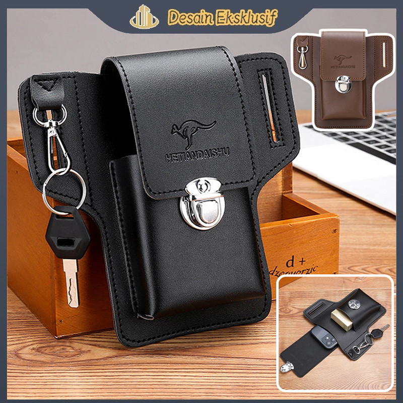 [COD]Tas Pinggang Kulit Pria Tas Hp Cowok Tas Smartphone Pria Dompet Pria PU Leather Anti Air