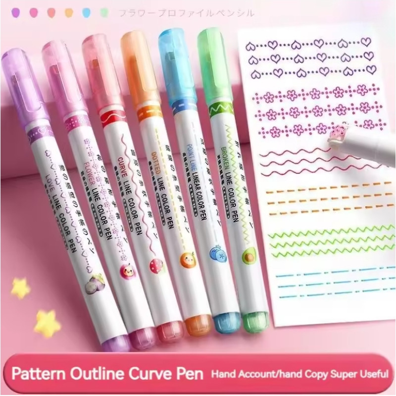 

6Pcs/Set Kawaii Flower Line Shape Highlighter Pen Roller Tip Curve Liner Marker Kawaii Korean Stationery School Office Supplies