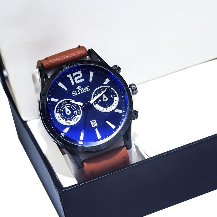 SLOBE Jam Tangan Pria Kulit Analog Free Box Kode 2.10 - Coklat.Hitam