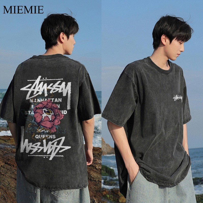 COD (Dikirim dalam 24 jam)MIEMIE.  Washed Kaos Pria American Motif bunga retro yang sedang tren Baju