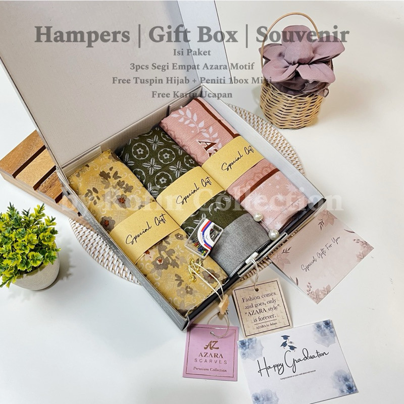 

Hampers Gift Box Souvenir Hijab Isi 3pcs Segi Empat Azara Motif