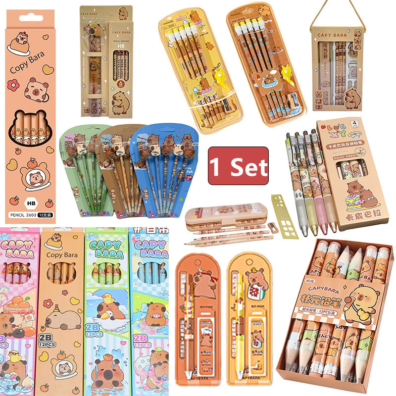 

1Set Capybara Cartoon Kawaii HB Wooden Lead Pencils With Ruler Cute Student Stationery Office Supplies Children's Day Gifts