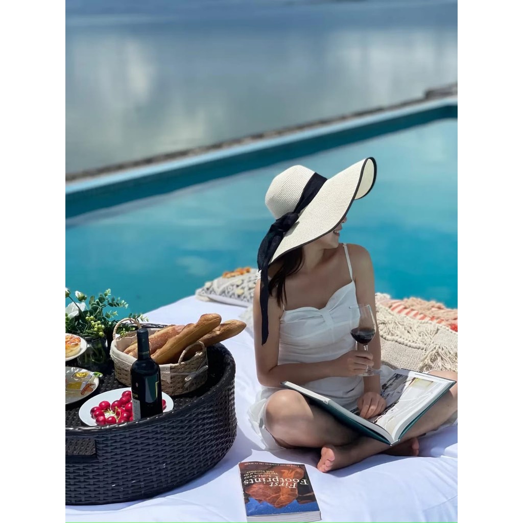 Topi Pantai Wanita Pelindung UV / Topi Bisa diLipat Tebel Dan Lebar Bahan Jerami Premium / Topi Pant