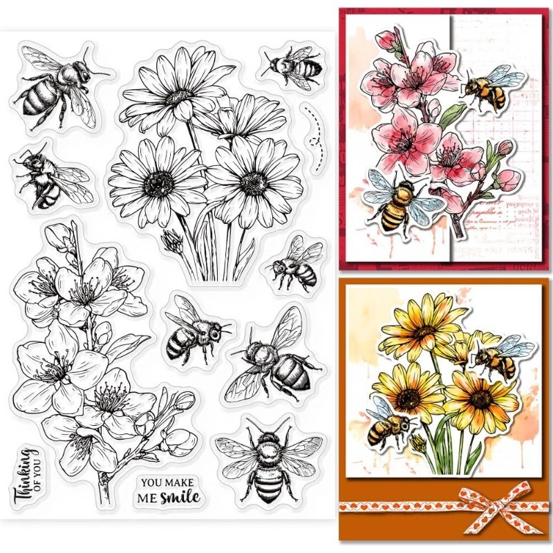

1pc Bee Flower Clear Stamp Spring Flowers Clear Rubber Stamps for Decorative Cards Making Home Decoration 6.3x4.33inch