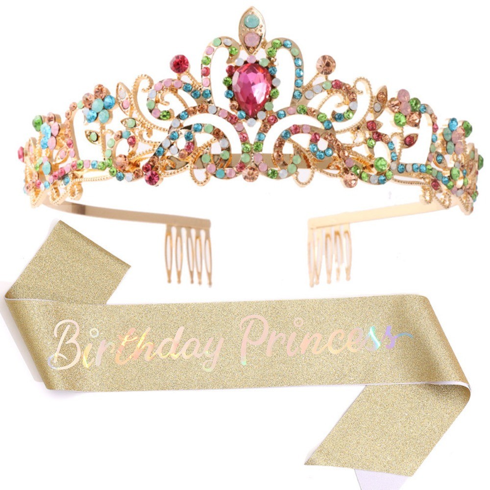 

Rose Gold Birthday Princess Sash and Rhinestone Tiara Crown or Girls Women Happy 20 30 40 50 Birthday Party Decorations Supplies