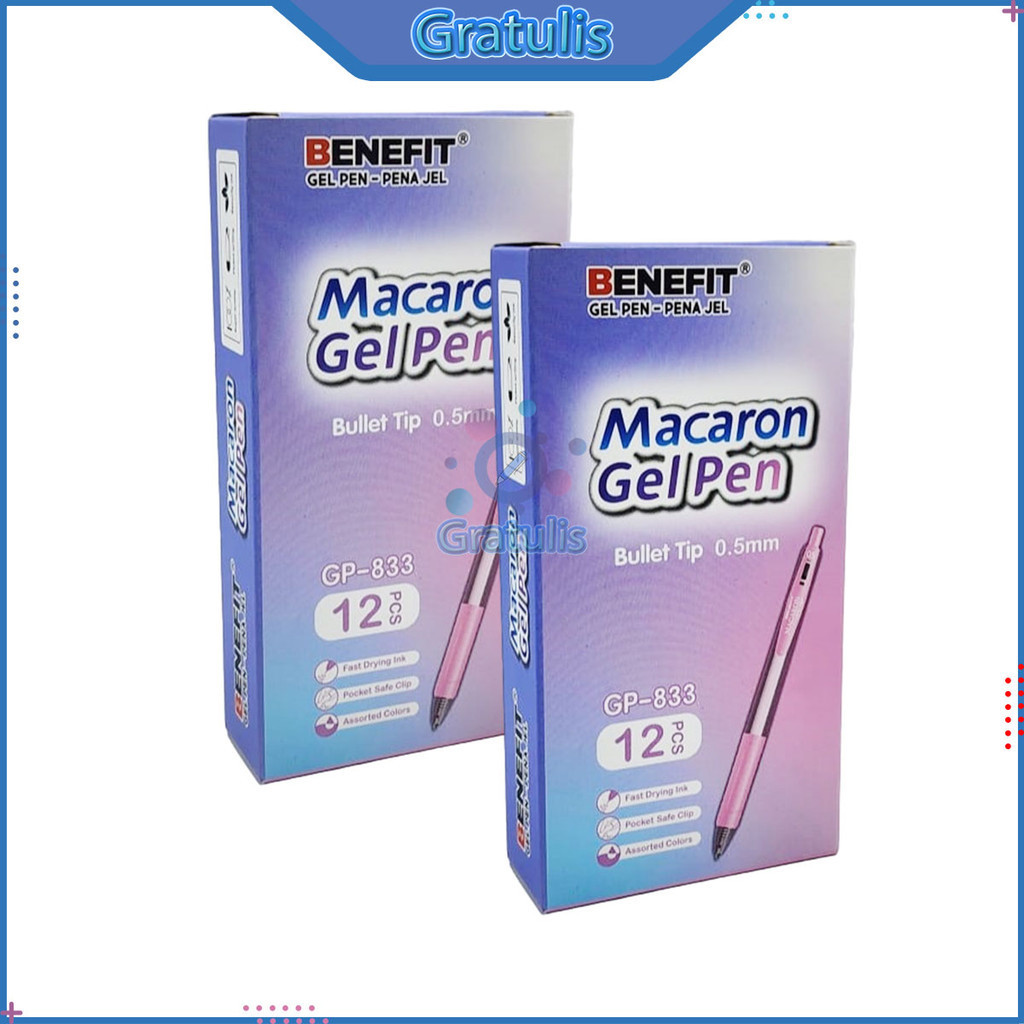 

BALLPOINT WARNA WARNI BENEFIT MACARON GEL GP-833 / PULPEN TINTA HITAM 1 PAK / BALPEN 1 LUSIN / PENA PEN 0.5 MM