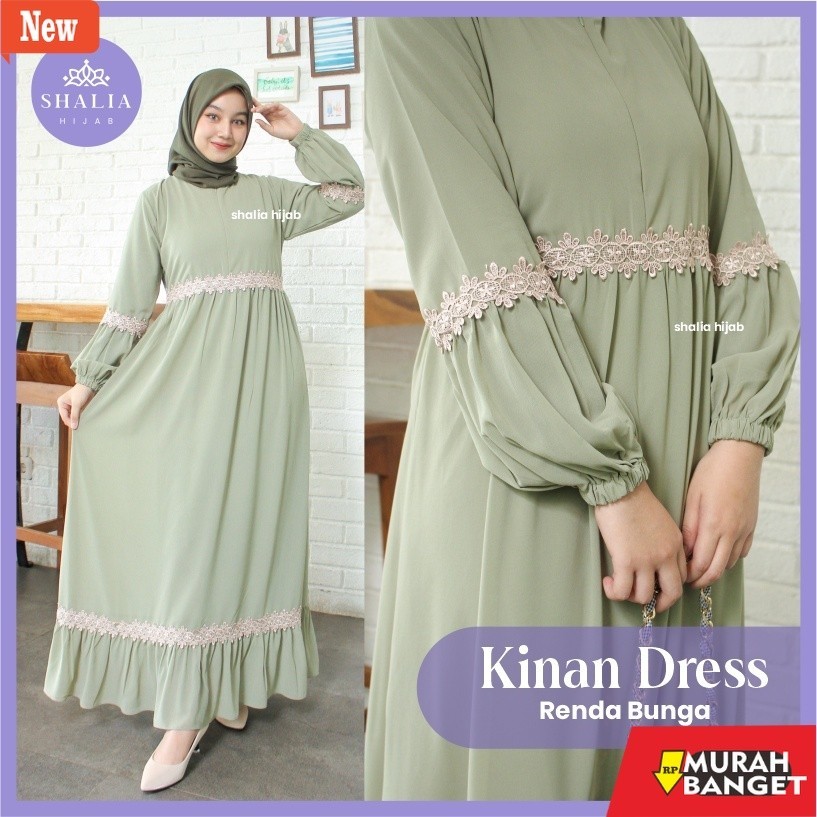 gamis kekinian tahun 2024 Shalia Hijab Gamis Kinan Ceruty Babydoll LD 100 110 Premium Polos Renda Bu