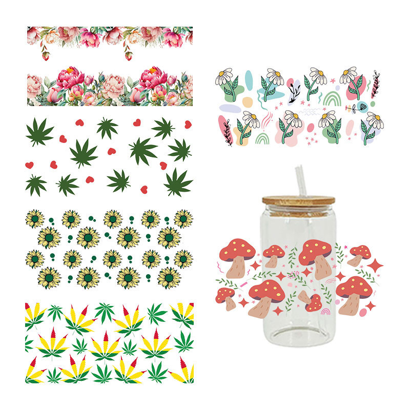 

UV DTF Transfer Sticker Flowers Mushroom For The 16oz Libbey Glasses Wraps Bottles Cup Can DIY Waterproof Custom Decals D8481