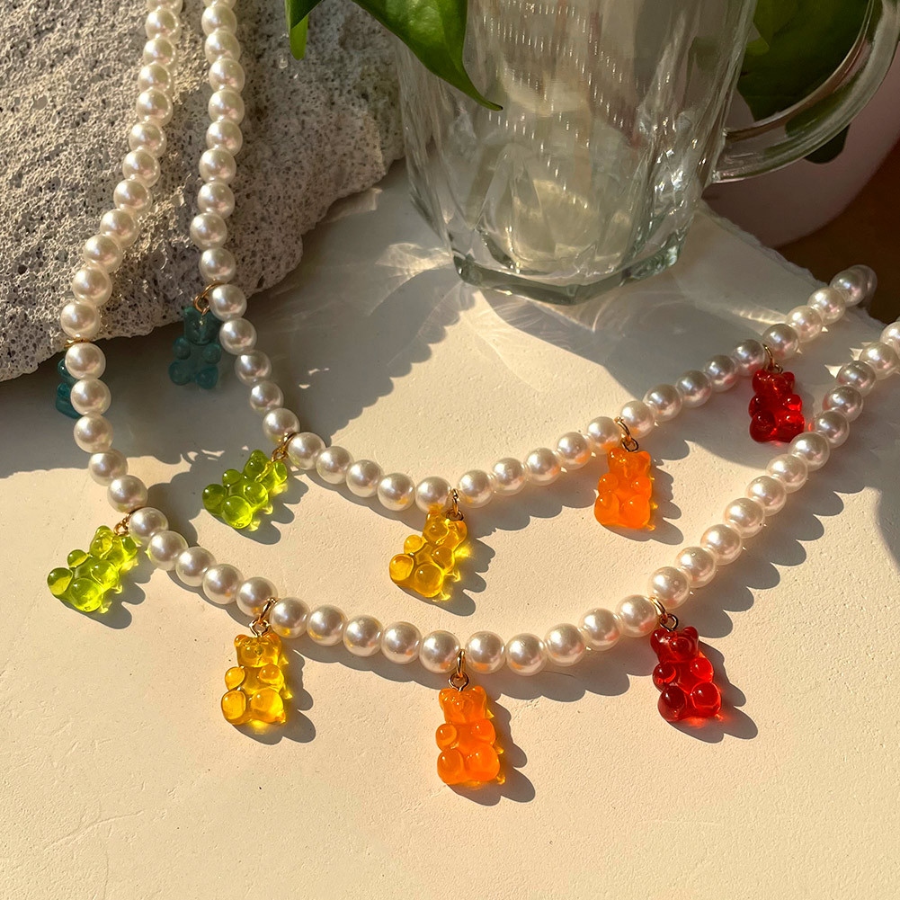 Y2K Candy Color Gummy Bear Necklace For Women Cute Cartoon Animal Imitation Pearl Bead Choker Korean