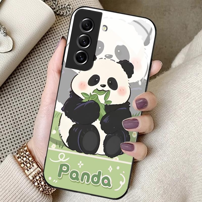Hard Case Glass Kaca For Samsung S21 FE 5G S21 5G S21 Plus S21 Ultra Case Cute Panda Silicon Casing 