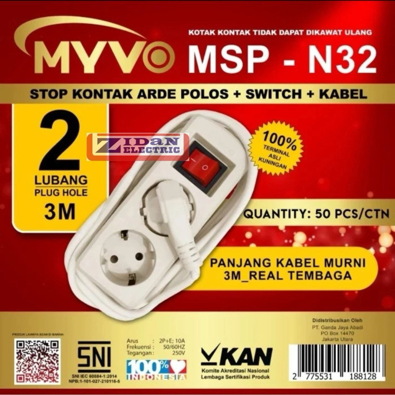 MYVO Stop Kontak Arde 2 Lubang Kabel 3M 3 Meter Terminal Kuningan Saklar Lampu Indikator