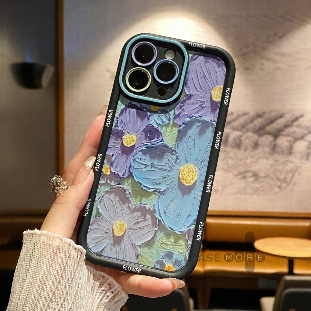Black Case iPhone 13 Pola bunga lukisan cat minyak 3D Penutup Penuh Perlindungan Penuh For Case iPho