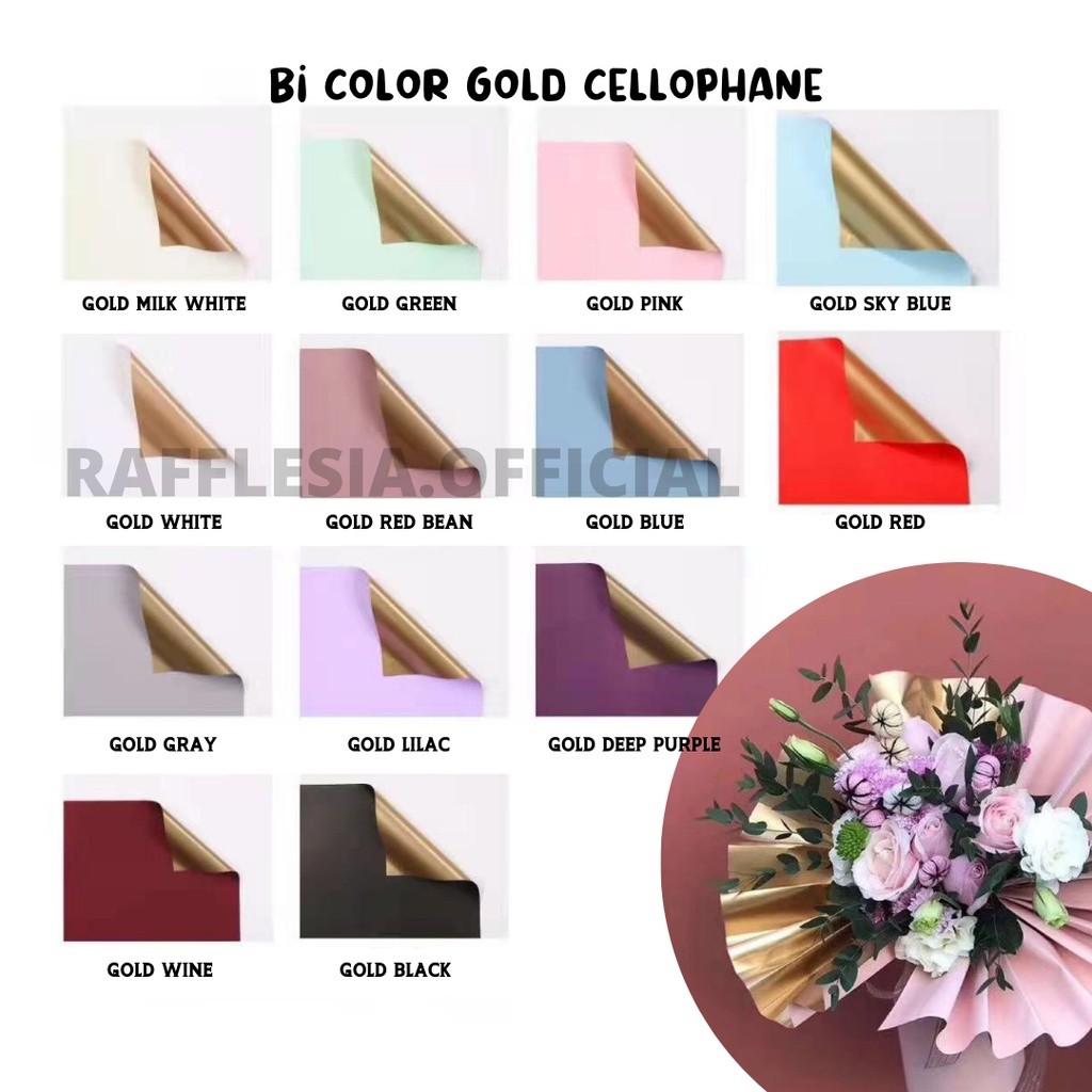 

[5 LEMBAR] Flower Wrapping Paper Bi Color Gold Emas Cellophane Kertas Bunga Korea