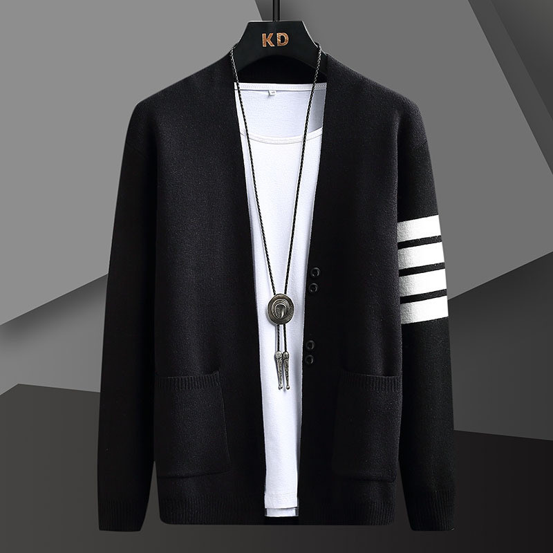 

Striped Knitted Cardigan Jacket Men's Versatile Top Casual V-neck Pullover Popular On Social Media Cross-border E-commerce