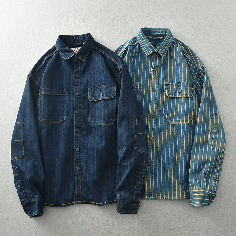 

Vintage washed vertical stripe denim shirt men's loose large size cotton long-sleeved shirt jacket