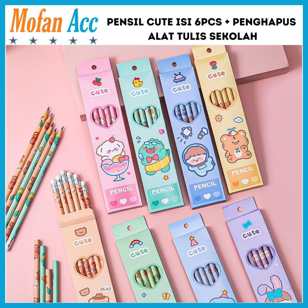 

Pensil Cute 1 Set Isi 6pcs Dengan Penghapus / Alat Tulis Sekolah Anak 6in1 Pensil Bergambar Karakter Unik Lucu Pencil Perlengkapan ATK Kids Pencil