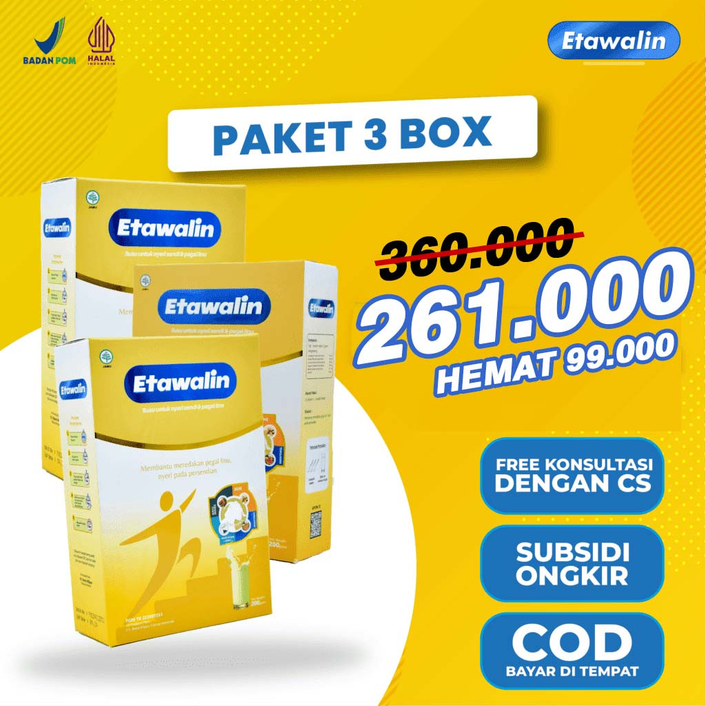 

Susu Etawalin Paket 3 Box - Susu Kambing Etawa Asli Mengatsi Masalah Nyeri Sendi dan Nyeri Otot Rematik Saraf Kejepit Pegal Pegal Sendi Terasa Nyeri Ampuh Original 200gr Aman Dikonsumsi Resmi Terdaftar BPOM dan MUI