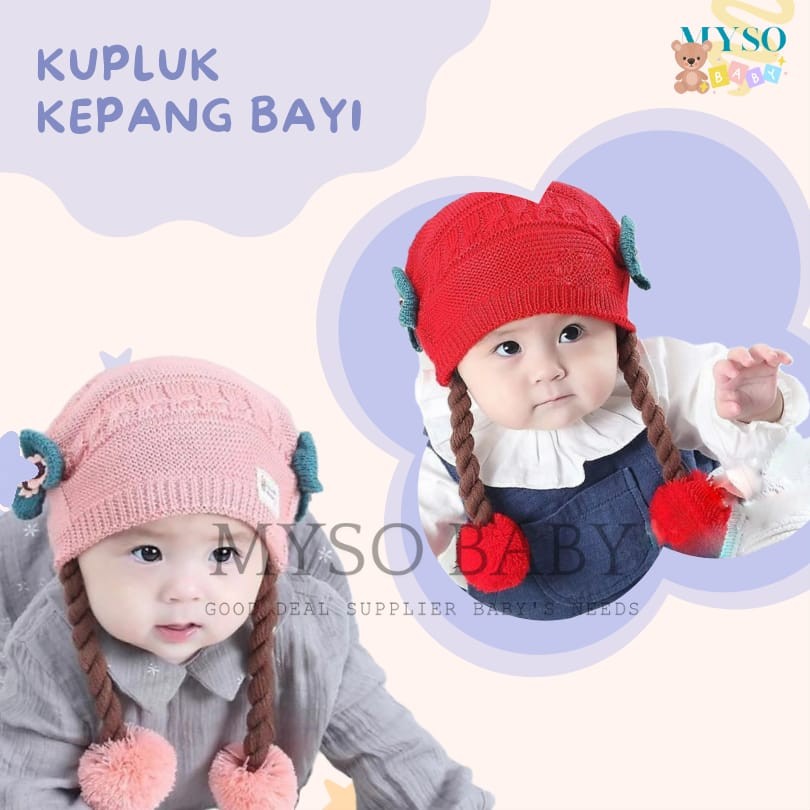 Topi kupluk kepang rajut anak perempuan aksen pita Topi rambut kepang bayi rajut