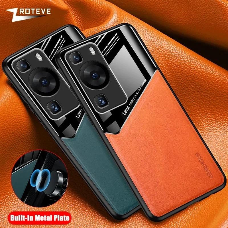 Casing HP Huawei P60 Pro Mirror PU Kulit Mobil Magnetic Hisap Holder Hard PC Cover Untuk Huawei P70 