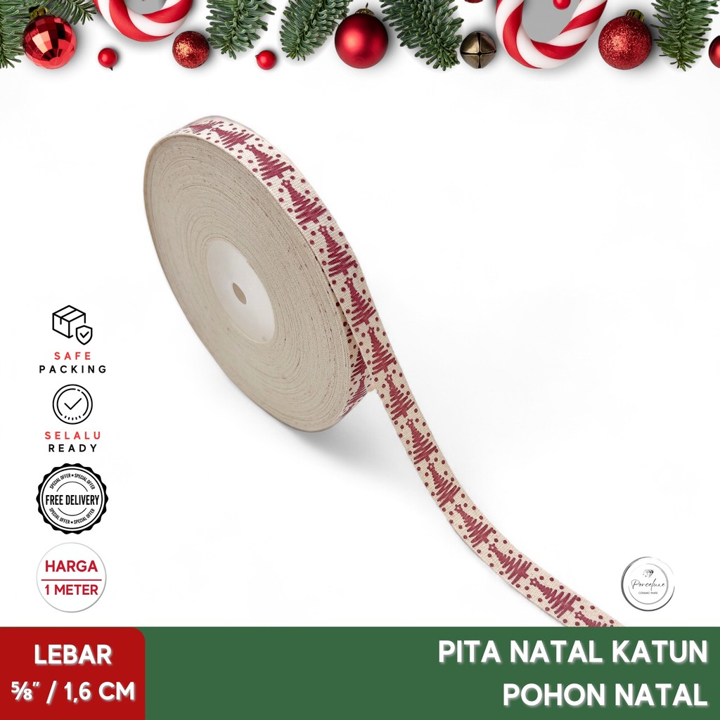 

[Meter] Pita Natal Katun Rajut Premium Motif Pohon Natal Warna Cream Printing Abu Merah Lebar 5/8" Inch / 1,6 cm Kado Hiasan Dekorasi Hampers Parcel Craft Satin Ribbon Grosgrain Premium Xmas Christmas Tree
