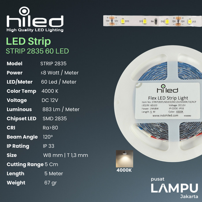 Hiled LED Strip 12V 2835 60LED INDOOR IP33 6500K 4000K 3000K 2700K - 4000k