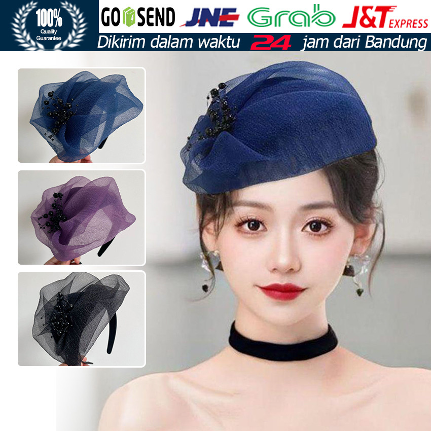 Ikat Kepala Manik-manik Jala untuk Wanita, Hairband Kasa Sutra, Aksesori Rambut Setengah Topi