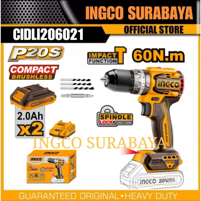 INGCO CIDLI20602 IMPACT DRILL 13MM CORDLESS BL BOR BATERAI TEMBOM KAYU