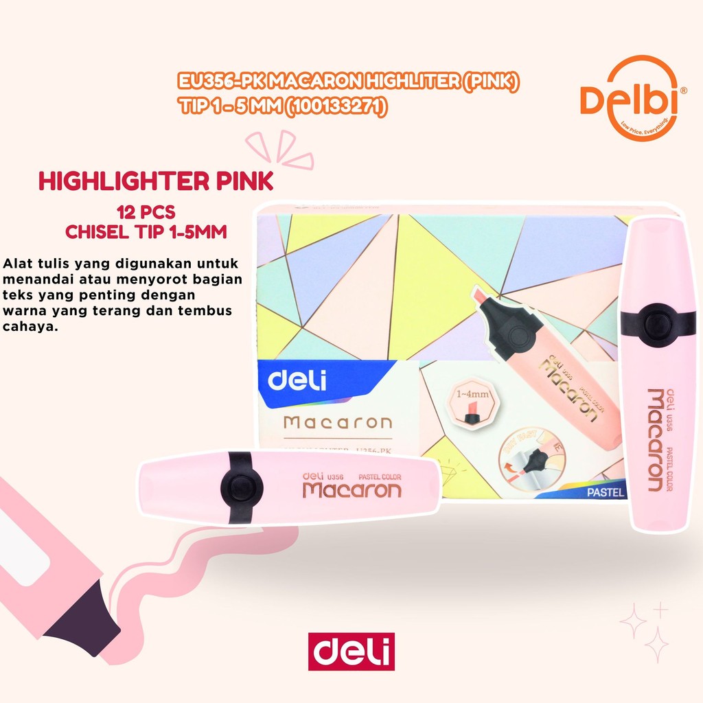 

Deli U356 Macaron Highlighter Pastel Color - Coral Pink [1 Pc] EU356-PK Macaron Highlighter(Pink) Chisel tip1-5mm