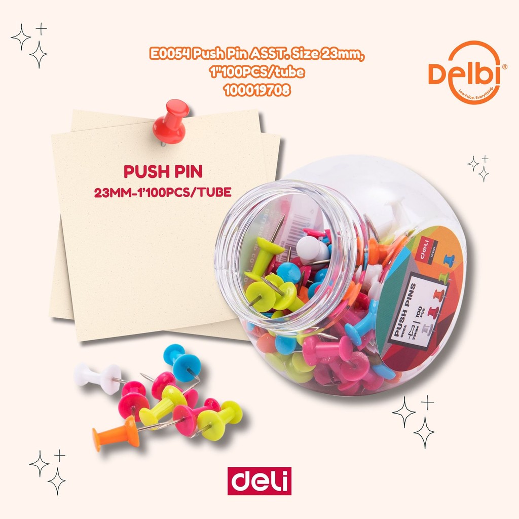 

Push Pins Deli 23mm 100pcs 0054 E0054 Push Pin ASST. Size 23mm, 1''100PCS/tube