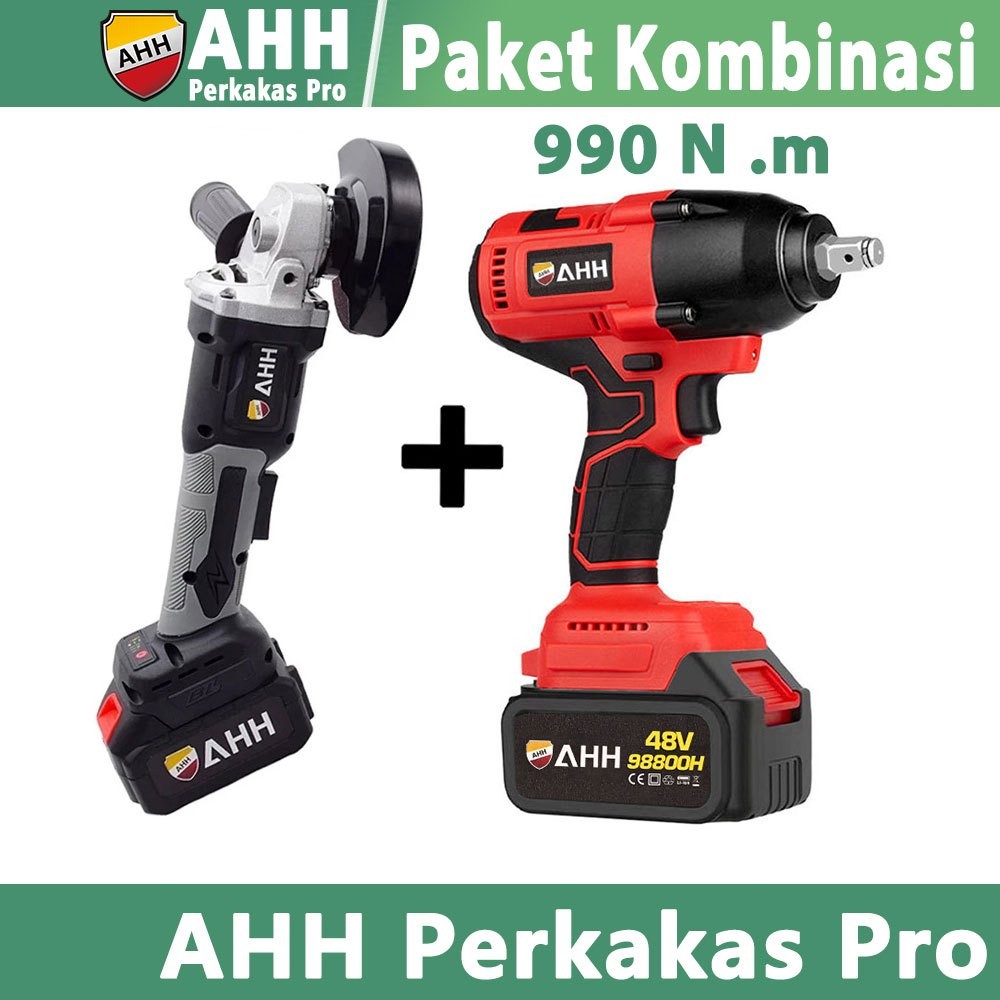 AHH Paket Bundle 3 batre Impek 990Nm Bor Cordless + Grinda 4 Inci Impact Wrench  Paket Alat Bongkar