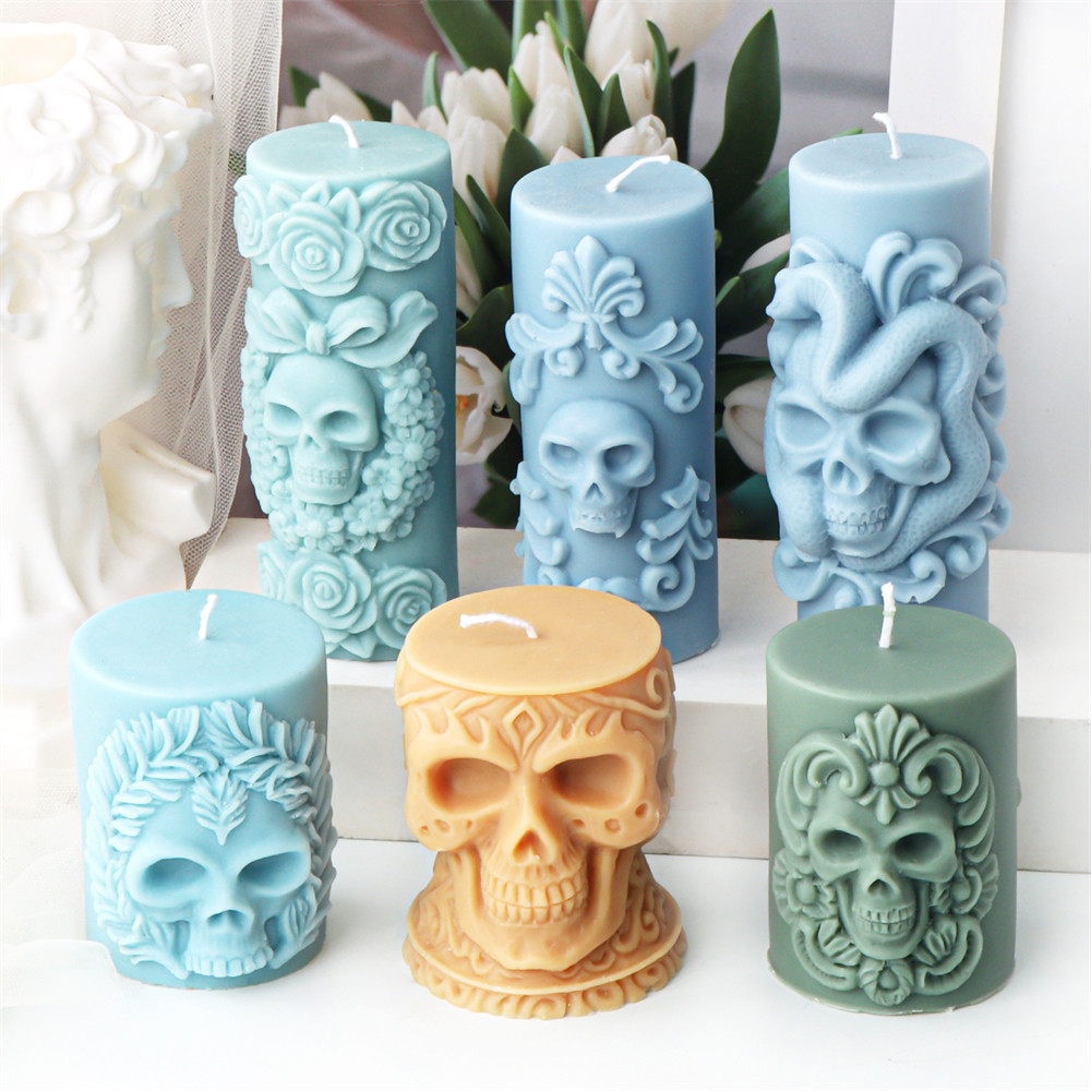 

3D Relief Skull Column Candle Silicone Mold DIY Halloween Skull Post Aroma Gypsum Candle Mold Handmade Halloween Gift Decor Tool