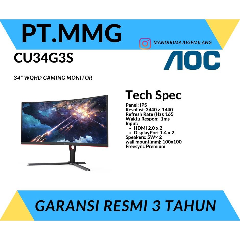 Monitor LED AOC CU34G3S Curved 34" WQHD 165Hz 1ms HDMI DP Speaker