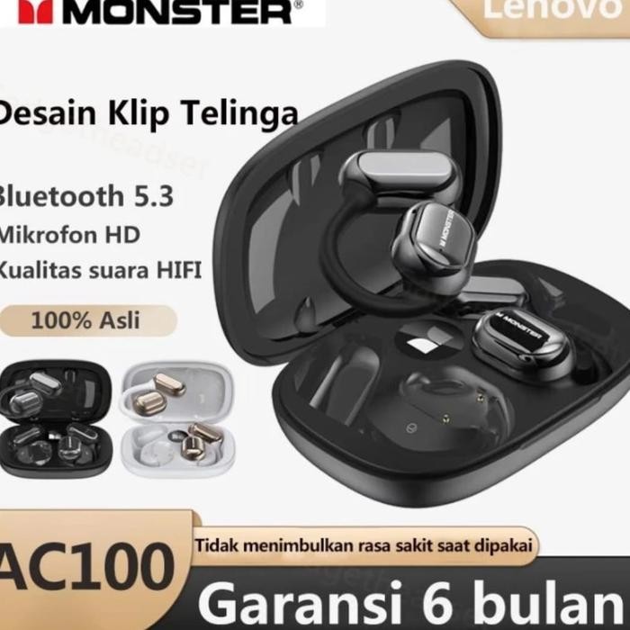 Tws Monster AC100 Earphone Headset Bluetooth 5.3 Ear Clip Original