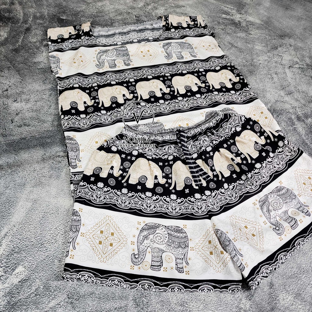 Setelan Baju Tidur Pendek Motif Gajah Bali Rayon Wanita Jumbo Rayon Bali