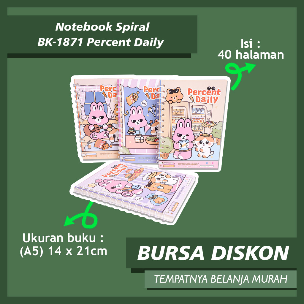 

Notebook Spiral BK-1871 Percent Daily A5 Diary Jurnal Harian Lucu Catatan Kecil Karakter Kelinci Lucu