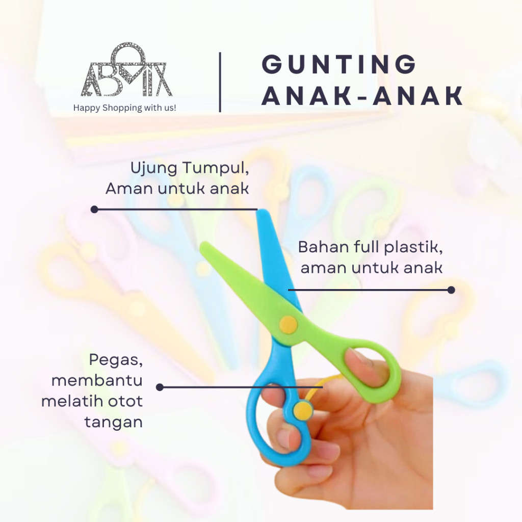 

ABMIX Gunting Kertas Anak Warna Polos Karakter Ujung Bulat aman Safety Plastic Rounded Scissors Potong Kertas Perlengkapan Sekolah & Kantor