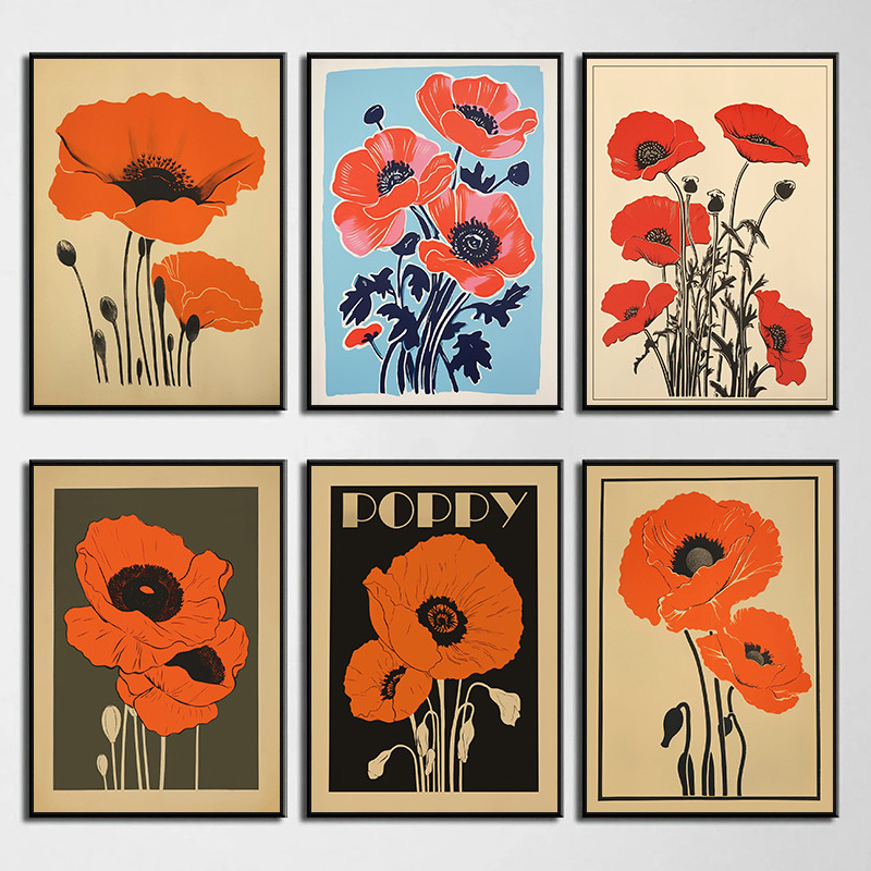 

Vintage Flower Red Poppy Poster Print Poppies Botanical Countryside Floral Retro Canvas Painting Wall Art Picture Home Decor