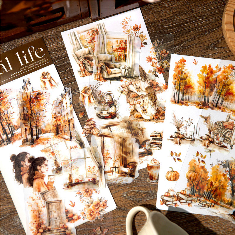 

Journamm 6Sheets Collage Stickers PET Washi Paper Creativity Scrapbooking Adhesive Hand Made Decorative Junk Journal Supplies