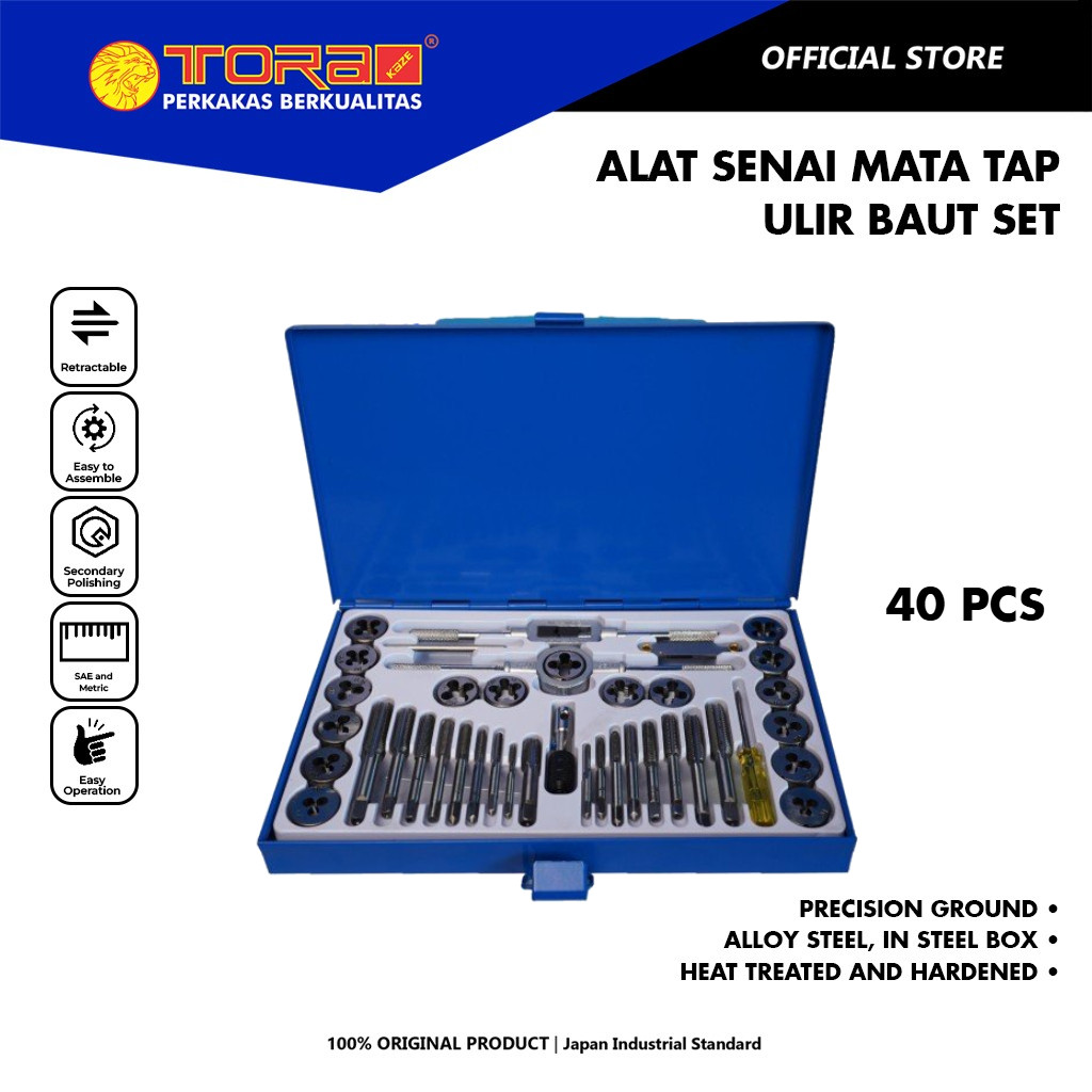 TORA Alat Senai Mata Tap Ulir Baut Set 40 Pcs - Pelubang Baja Besi Drat Baut Rusak Dol - Tap & Die