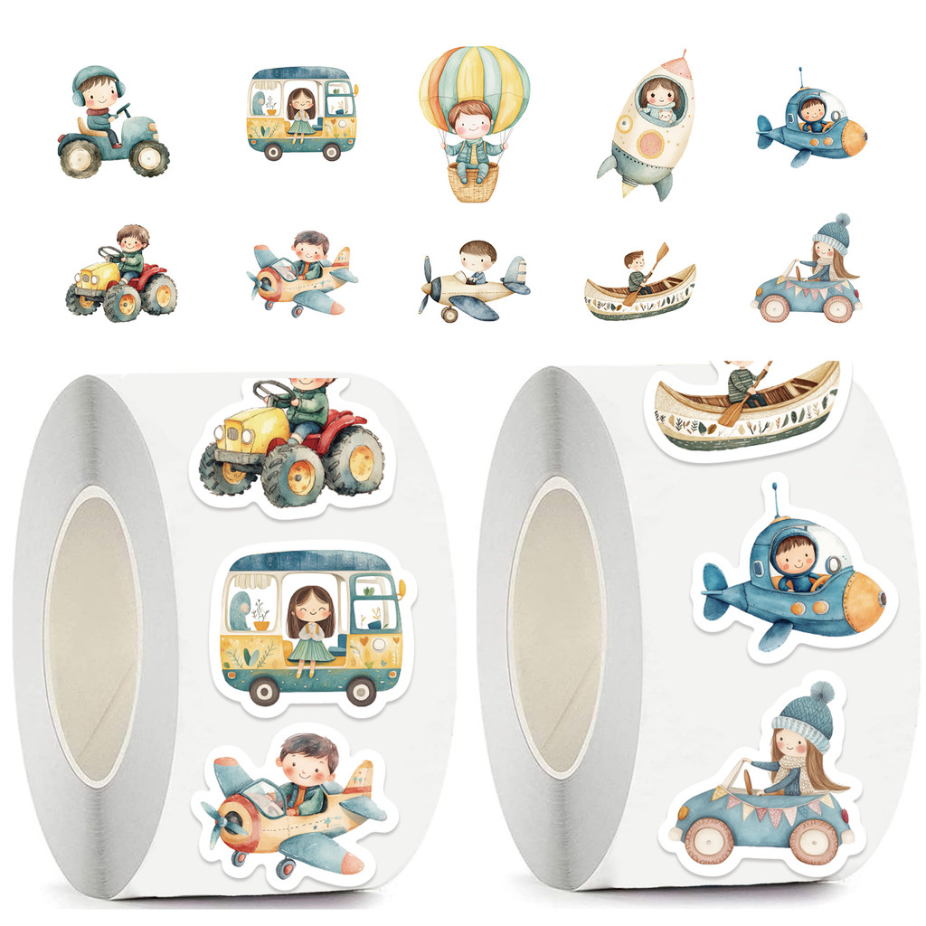 

500pcs Cartoon Transportation Stickers Roll Cute Boat Car Vehicles for Party Decor Water Bottle Laptop Refrigerator Skateboard