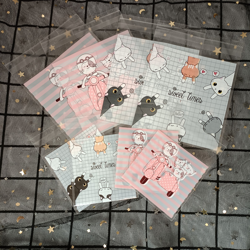 

100Pcs Cat Cartoon Candy Gifts Bags Birthday Party Cookie Packaging Self-adhesive Plastic Bags For Biscuits Cake Package